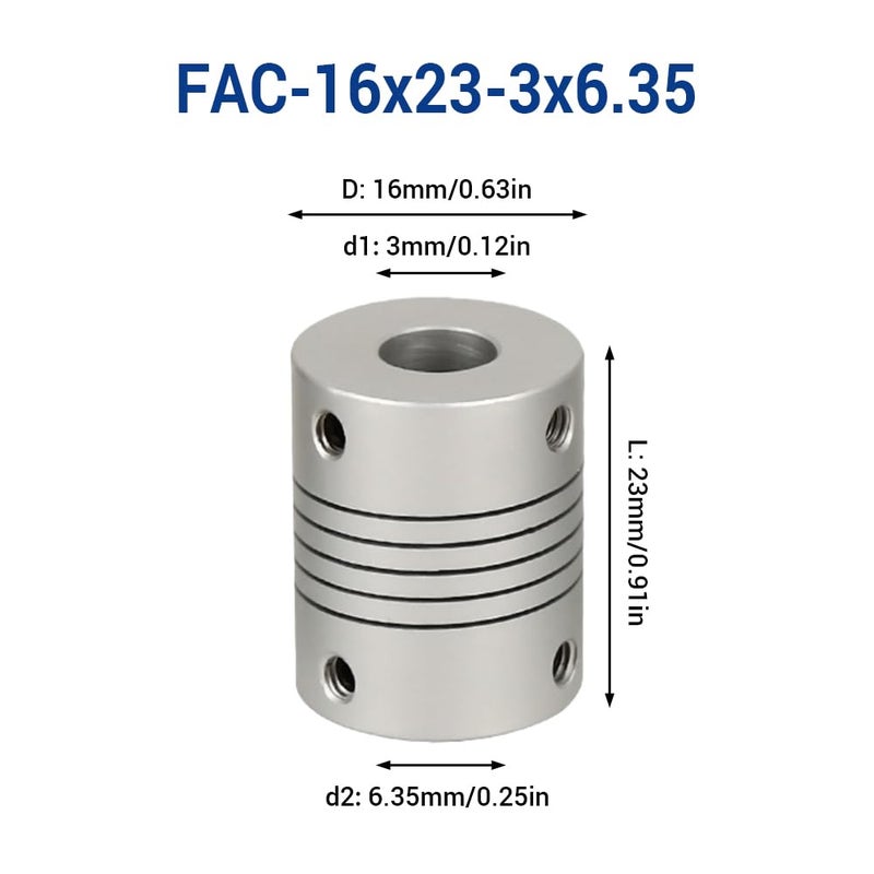 BORDSTRACT 3mm to 6.35mm Flexible Beam Coupling, D16 L23 Shaft Coupling Motor Coupler Aluminium Joint Connector for 3D Printer CNC Machine DIY Encoder - Image 2